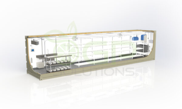 ag pod 3 tier 5 tray 24 foot with sink and table sales portal rendering with GP Solutions watermark 4-21-22